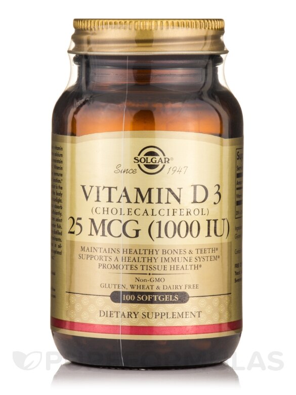 Vitamin D3 (Cholecalciferol) 25 mcg (1000 IU) - 100 Softgels