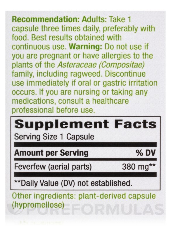 Feverfew Leaves 380 mg - 100 Vegetarian Capsules - Alternate View 4