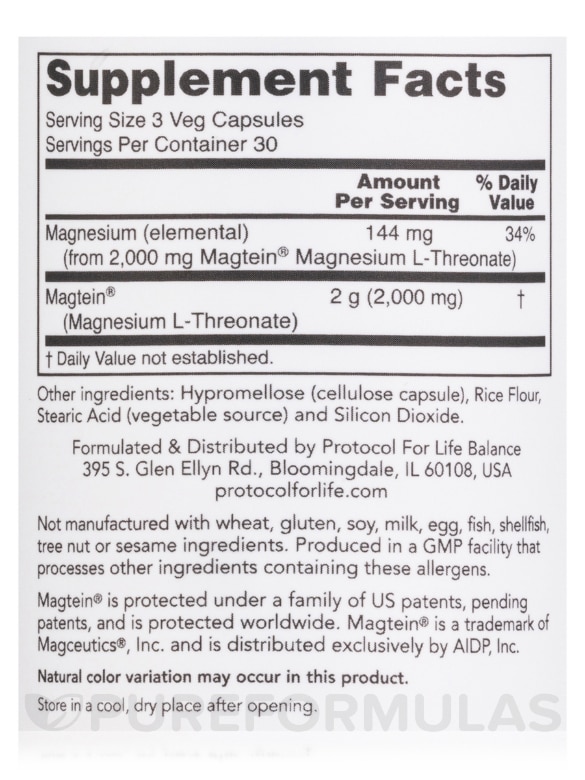 Magtein® (formerly ProtoSorb™ Magnesium) - 90 Veg Capsules - Alternate View 3