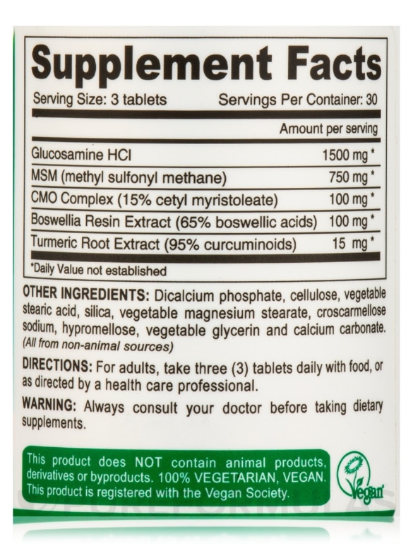 Vegan Glucosamine MSM & CMO - 90 Tablets - Alternate View 3