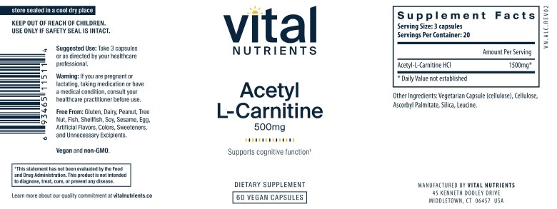 Acetyl L-Carnitine 500 mg - 60 Vegetarian Capsules - Alternate View 4