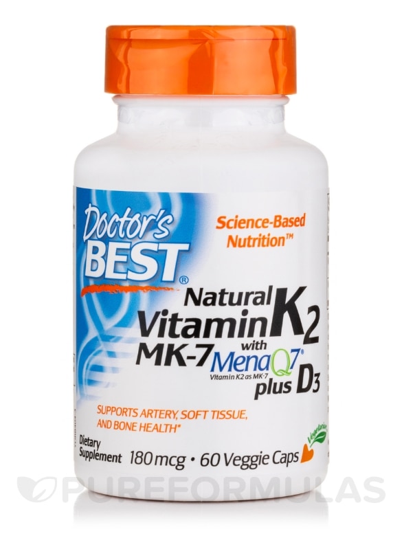 Natural Vitamin K2 with MK-7 MenaQ7® plus D3 - 60 Veggie Capsules