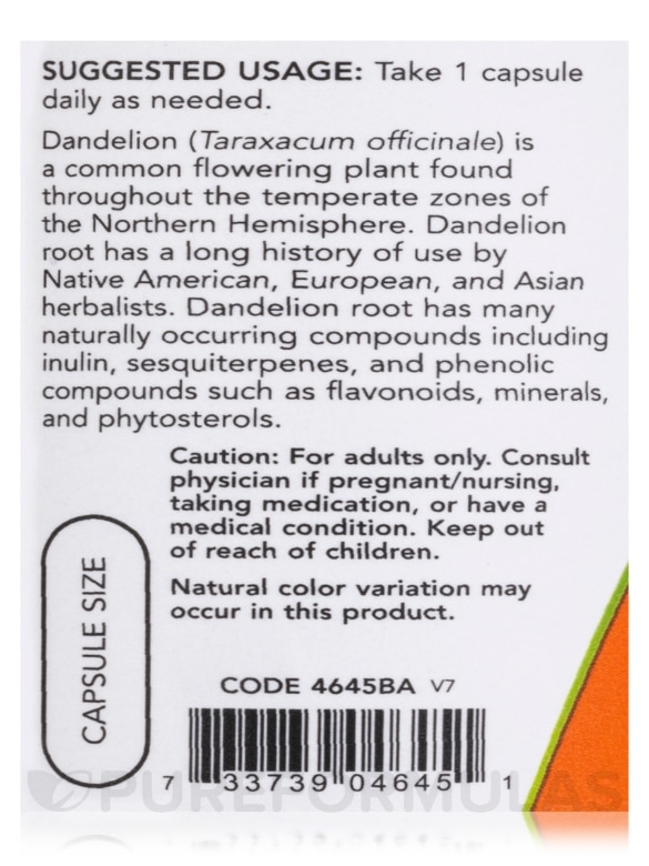 Dandelion Root 500 mg - 100 Capsules - Alternate View 4