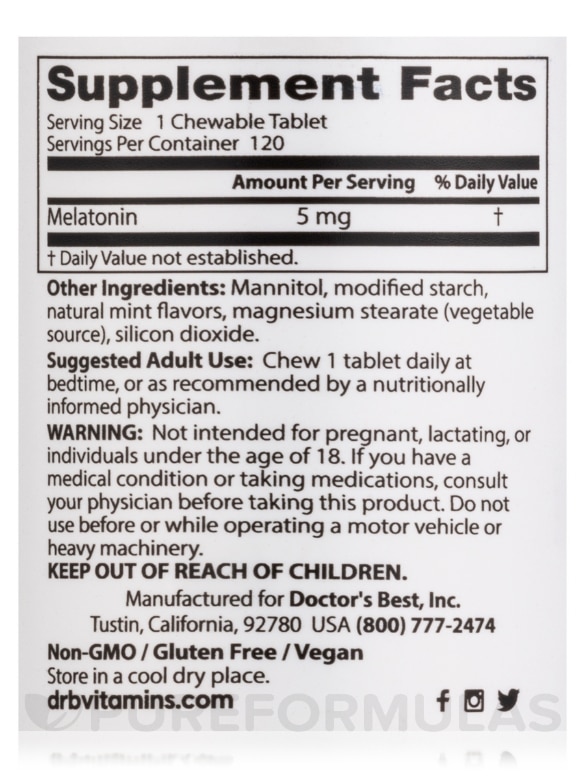Melatonin 5 mg, Natural Mint Flavor - 120 Chewable Tablets - Alternate View 3
