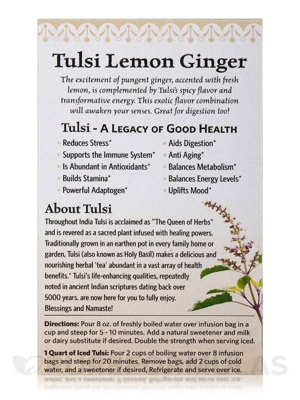 Tulsi Lemon Ginger Tea - 18 Bags (1.27 oz / 36 Grams) - Alternate View 3