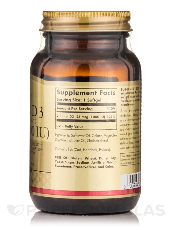 Vitamin D3 (Cholecalciferol) 25 mcg (1000 IU) - 100 Softgels - Alternate View 1