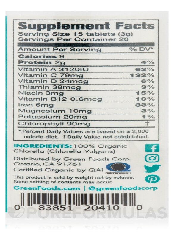 Organic Chlorella 200 mg - 300 Tablets (2.1 oz / 60 Grams) - Alternate View 3