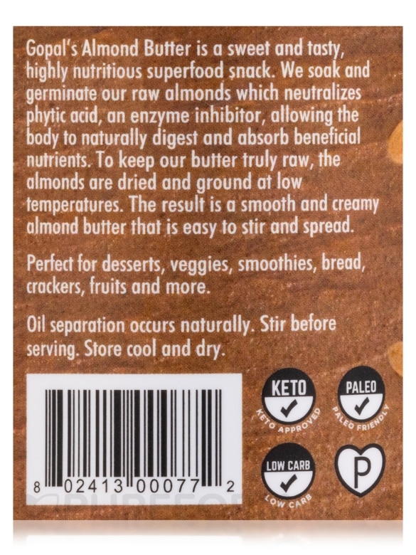 Sprouted Organic Raw Almond Butter, Unsalted - 8 oz (228 Grams) - Alternate View 6