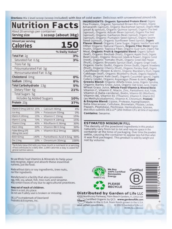 Raw Organic Meal Powder, Original Flavor - 36.6 oz (1,038 Grams) - Alternate View 3
