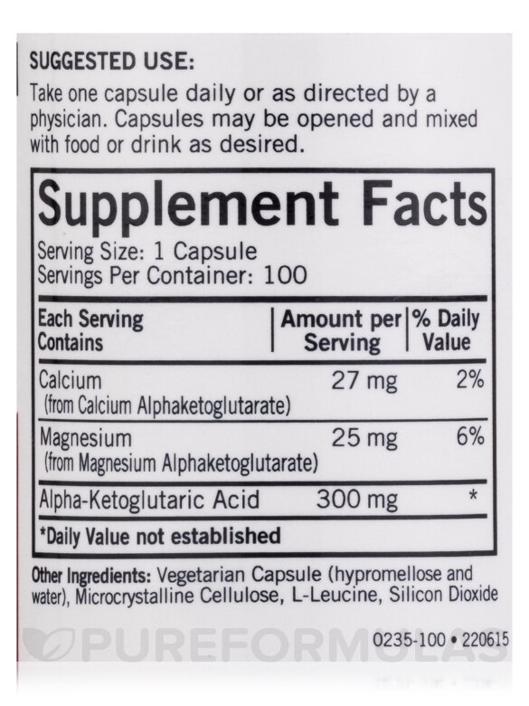 Alpha-Ketoglutaric Acid 300 mg -Hypoallergenic - 100 Capsules - Alternate View 3
