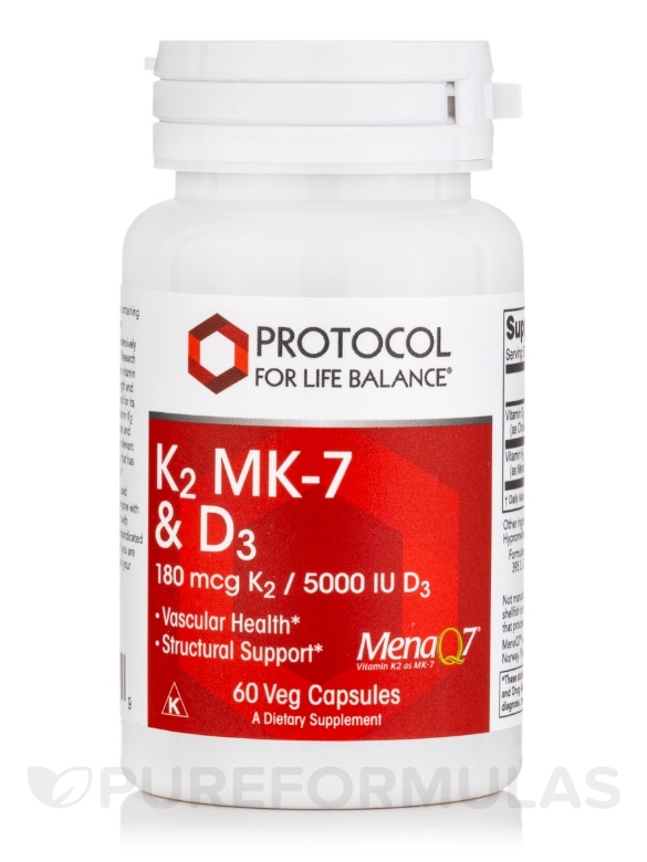 K2 MK-7 & D3 (180 mcg K2 / 5000 IU D3 ) - 60 Veg Capsules