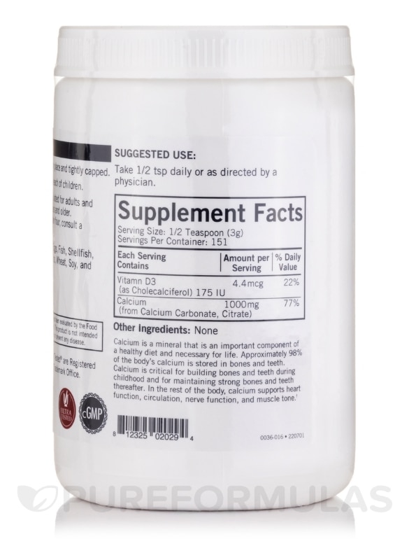 Calcium with Vitamin D3 Unflavored Powder -Hypoallergenic - 16 oz (454 Grams) - Alternate View 2