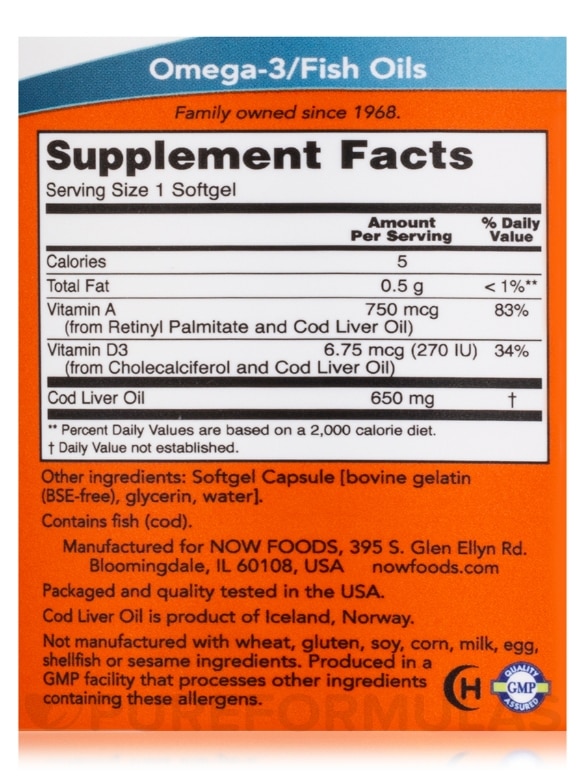 Cod Liver Oil 650 mg - 250 Softgels - Alternate View 3