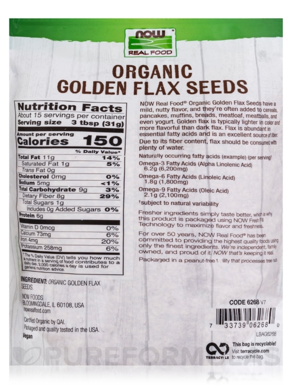 NOW Real Food® - Organic Golden Flax Seeds - 16 oz (454 Grams) - Alternate View 2