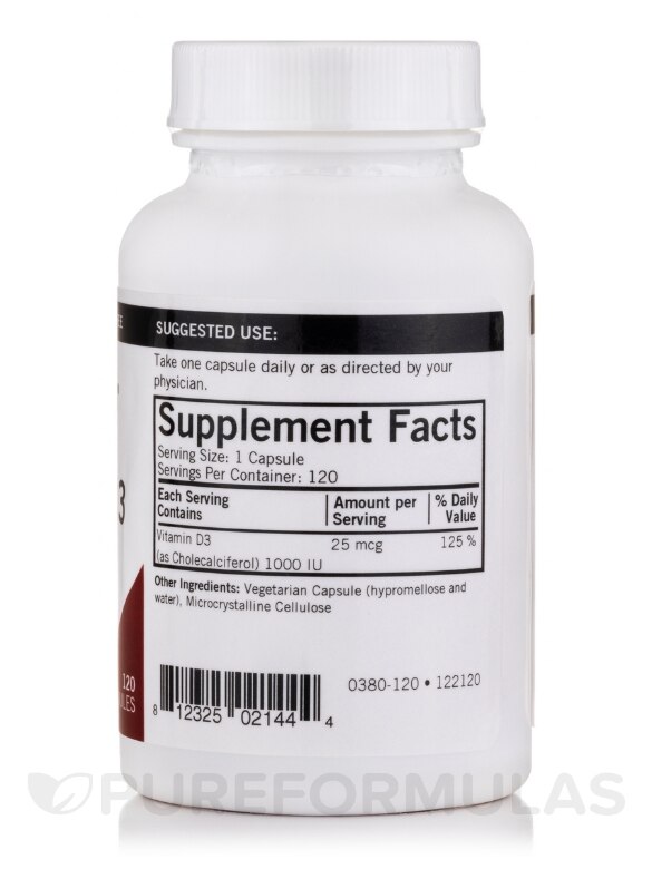 Vitamin D-3 1000 IU -Hypoallergenic - 120 Capsules - Alternate View 1
