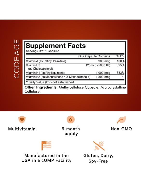 Codeage ADK Vitamin Supplement, Vitamins A, D3 5000 IU, K1 & K2 (MK4 & MK7) - 180 Vegetarian Capsules - Alternate View 1