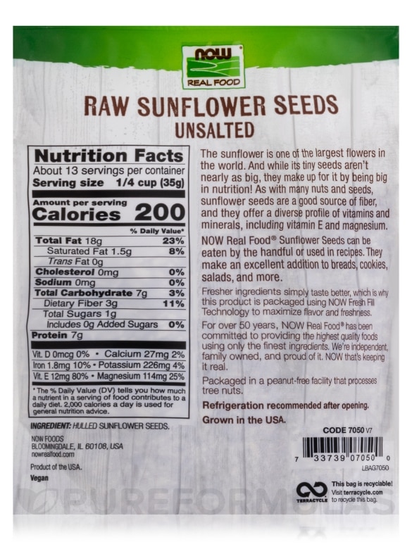 NOW Real Food® - Raw Sunflower Seeds, Unsalted - 16 oz (454 Grams) - Alternate View 2