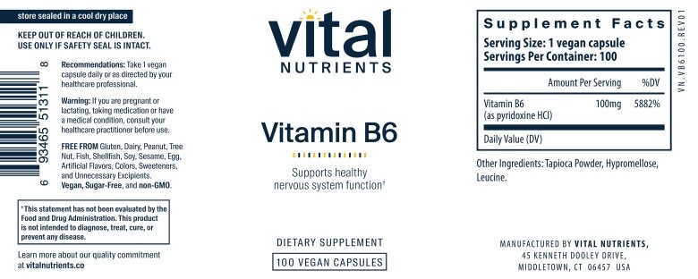 Vitamin B6 100 mg - 100 Vegetarian Capsules - Alternate View 4