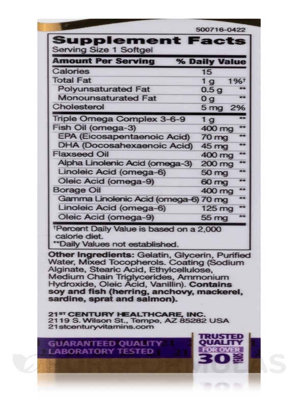 Triple Omega Complex 3-6-9 (Reflux-Free) - 90 Enteric Coated Softgels - Alternate View 3