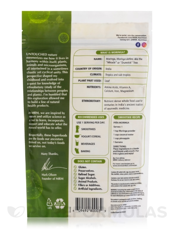 Superfoods - Raw Organic Moringa Powder - 8.5 oz (240 Grams) - Alternate View 1
