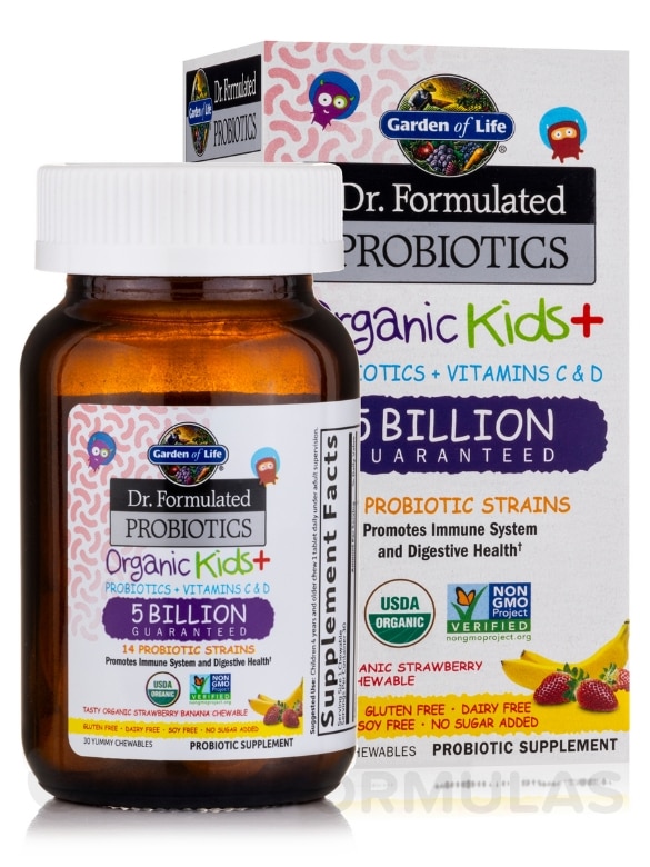 Dr. Formulated Probiotics Organic Kids+ 5 Billion CFU, Strawberry Banana Flavor - 30 Chewables - Alternate View 1