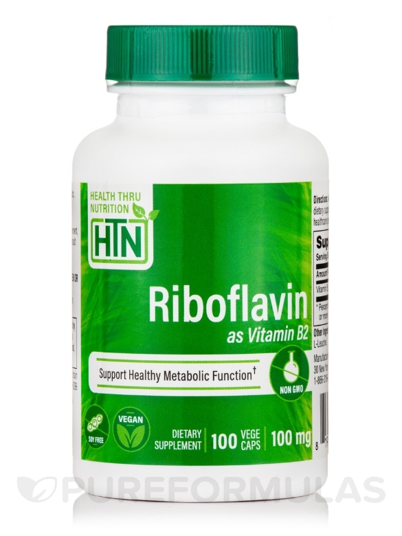 Riboflavin as Vitamin B2 100 mg - 100 Capsules