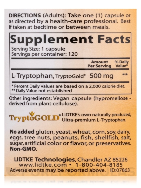 L-Tryptophan 500 mg - 120 Capsules - Alternate View 3