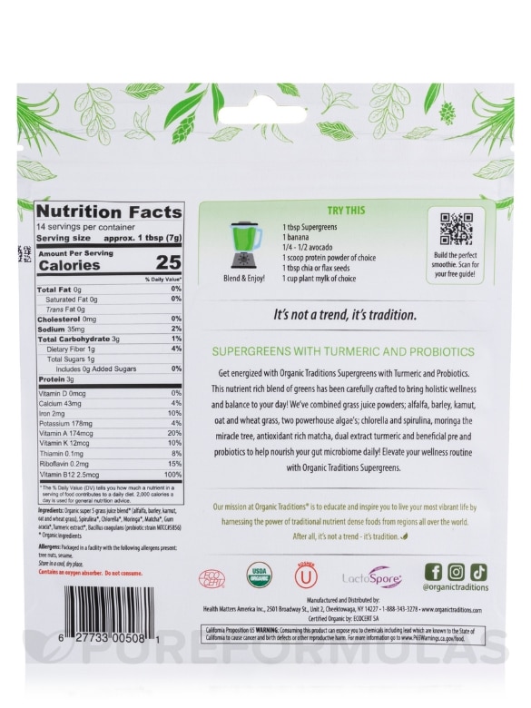 Probiotic Super Greens with Turmeric - 3.5 oz (100 Grams) - Alternate View 1