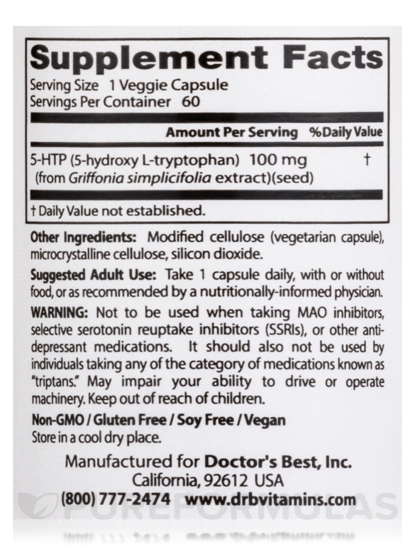 5-HTP 100 mg - 60 Veggie Capsules - Alternate View 3