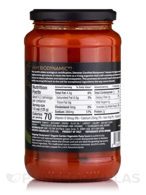 Biodynamic® Organic Garden Vegetable Italian Pasta Sauce - 19.7 oz (560 Grams) - Alternate View 2