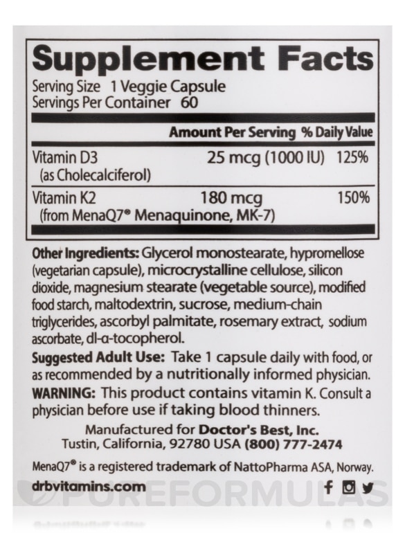 Natural Vitamin K2 with MK-7 MenaQ7® plus D3 - 60 Veggie Capsules - Alternate View 3