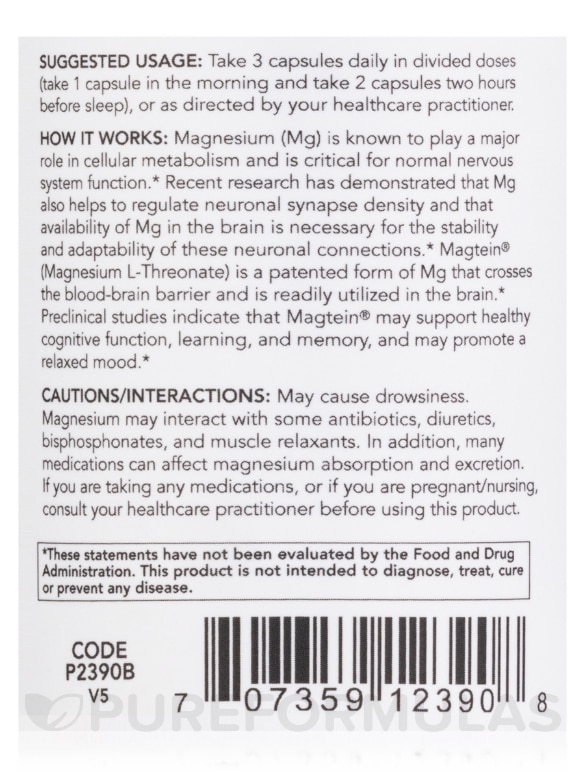 Magtein® (formerly ProtoSorb™ Magnesium) - 90 Veg Capsules - Alternate View 4