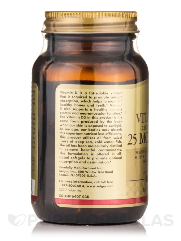 Vitamin D3 (Cholecalciferol) 25 mcg (1000 IU) - 100 Softgels - Alternate View 3