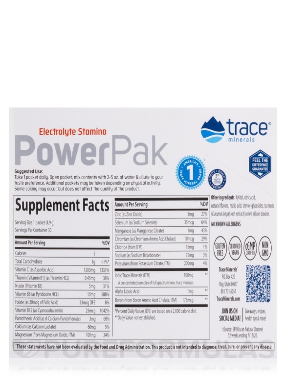 Sugar Free Electrolyte Stamina Power Pak, Citrus Flavor - 1 Box of 30 Single-serve Packets - Alternate View 8