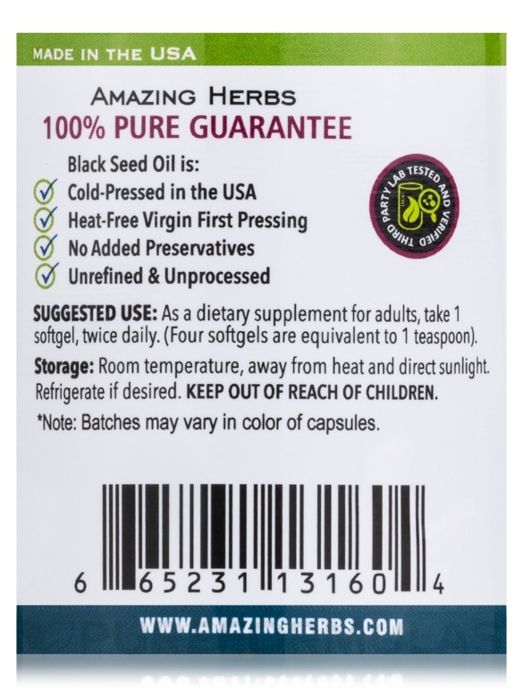Premium Black Seed Oil 1250 mg - 60 Softgel Capsules - Alternate View 4