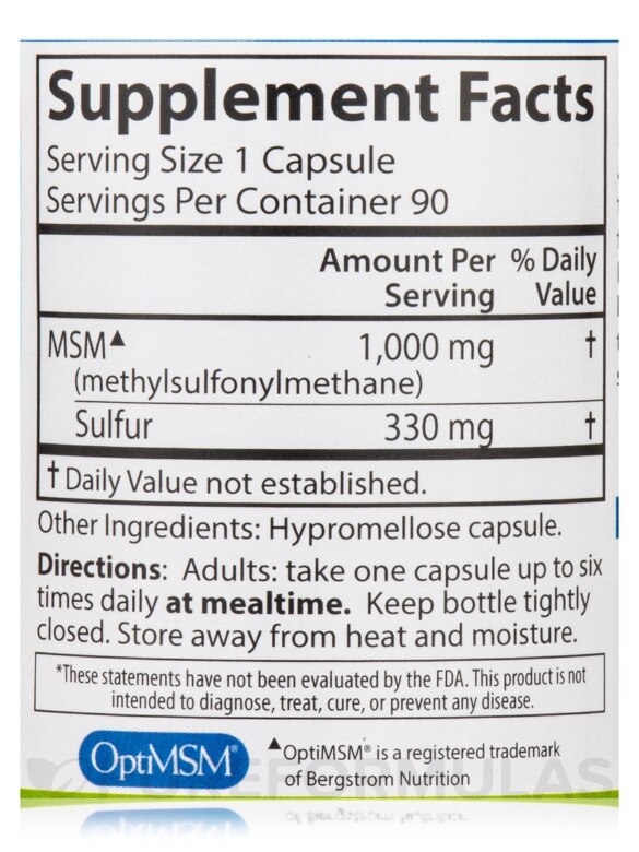 MSM Sulfur 1000 mg - 90 Vegetarian Capsules - Alternate View 3