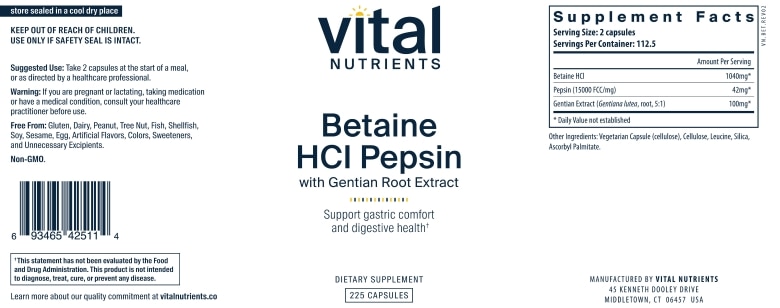 Betaine HCL Pepsin & Gentian Root Extract - 225 Capsules - Alternate View 4