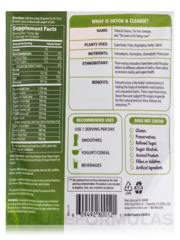Superfoods - Raw Organic Detox & Cleanse Powder, Peach Mango - 4.2 oz (120 Grams) - Alternate View 2