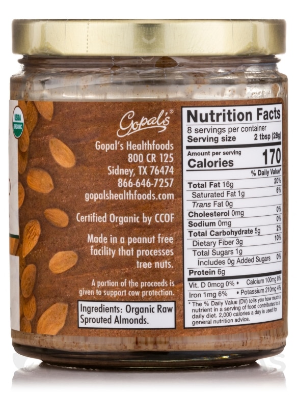 Sprouted Organic Raw Almond Butter, Unsalted - 8 oz (228 Grams) - Alternate View 1