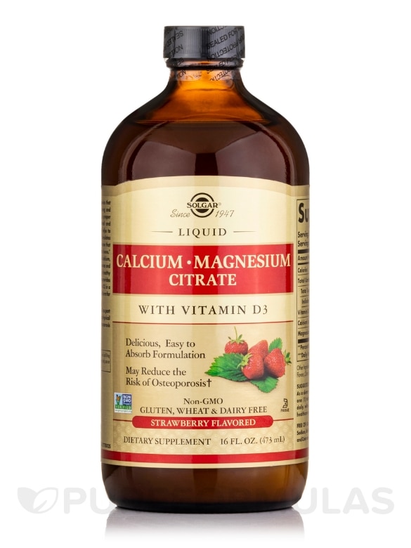 Liquid Calcium Magnesium Citrate with Vitamin D3- Natural Strawberry Flavor - 16 fl. oz (473 ml)