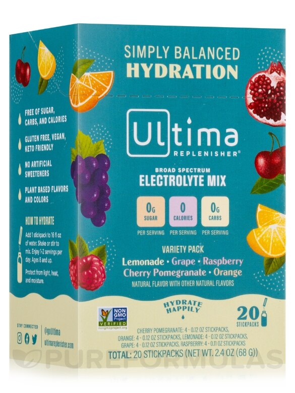 Electrolyte Hydration Powder, Variety Pack (Raspberry, Orange, Grape, Lemonade & Cherry Pomegranate) - 20 Serving Stickpacks
