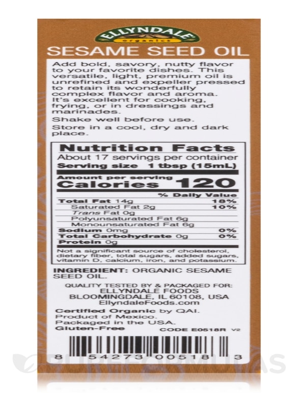 Ellyndale Foods® Organic Extra Virgin Sesame Seed Oil - 8.45 fl. oz (250 ml) - Alternate View 2