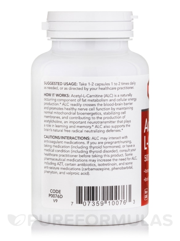 Acetyl-L-Carnitine 500 mg - 100 Veg Capsules - Alternate View 2