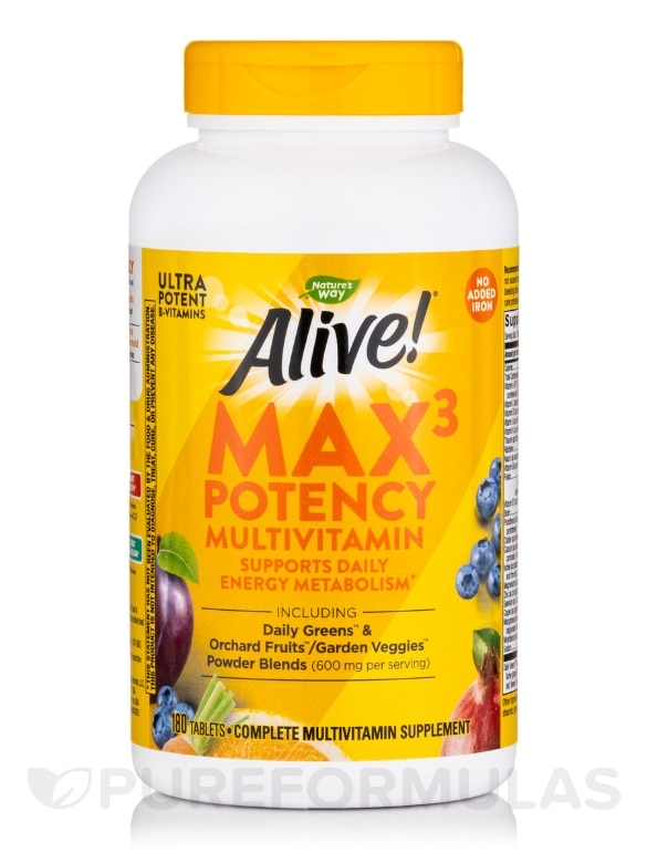 Alive!® Max3 Potency Daily Multivitamin (No Iron Added) - 180 Tablets