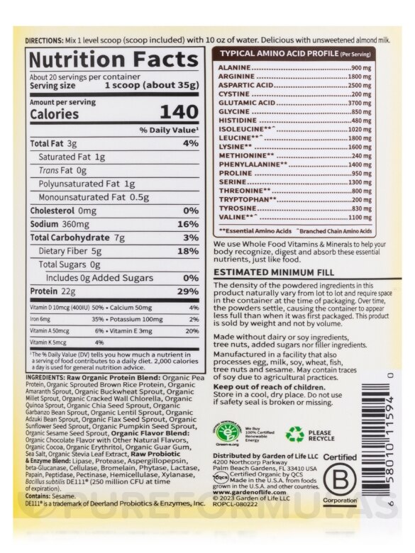 Raw Organic Protein Powder, Chocolate Flavor - 23.4 oz (664 Grams) - Alternate View 3
