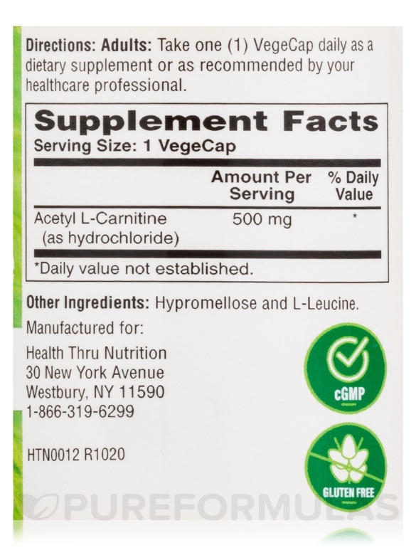 Acetyl L-Carnitine 500 mg - 60 VegeCaps - Alternate View 3