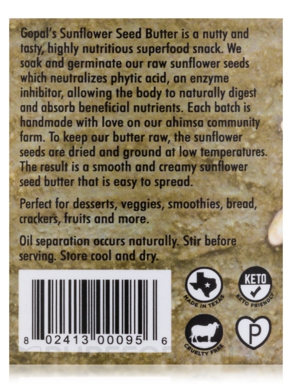 Sprouted Organic Raw Sunflower Seed Butter, Unsalted - 16 oz (453 Grams) - Alternate View 6