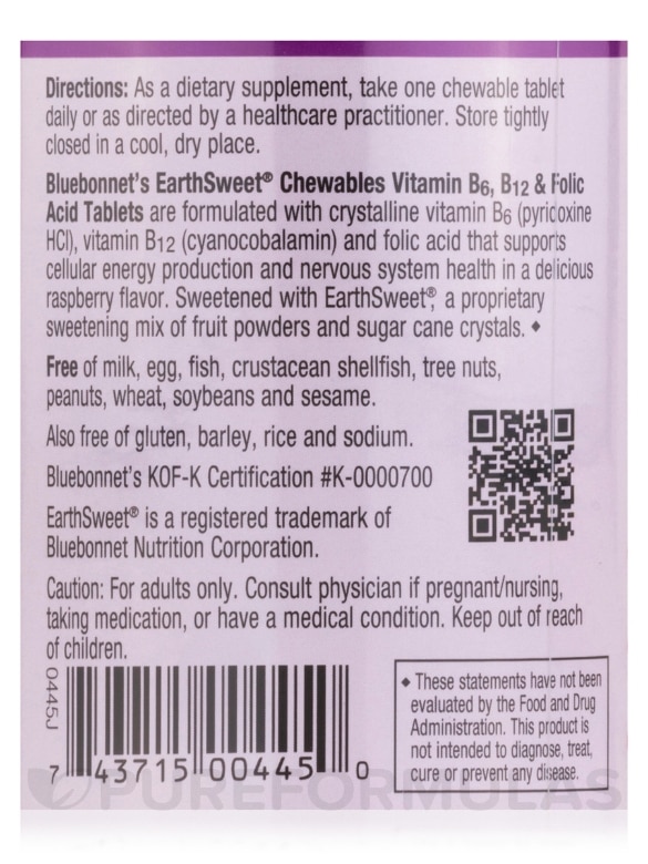 EarthSweet® Vitamin B6, B12 Plus Folic Acid, Raspberry Flavor - 60 Chewable Tablets - Alternate View 4