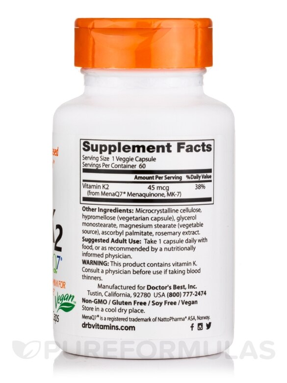 Natural Vitamin K2 MK-7 with MenaQ7® 45 mcg - 60 Veggie Capsules - Alternate View 1